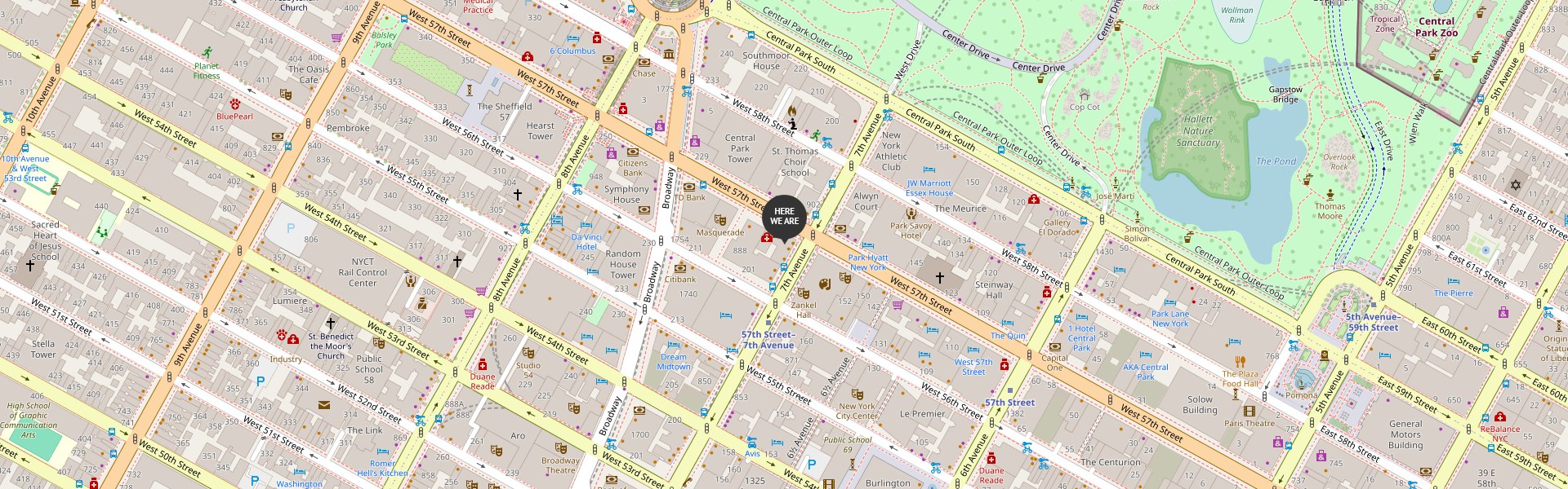 Map of the Winston News Wire office at 200 West 57th Street, Suite 1400, New York, NY 10019, near Central Park and Columbus Circle in Manhattan